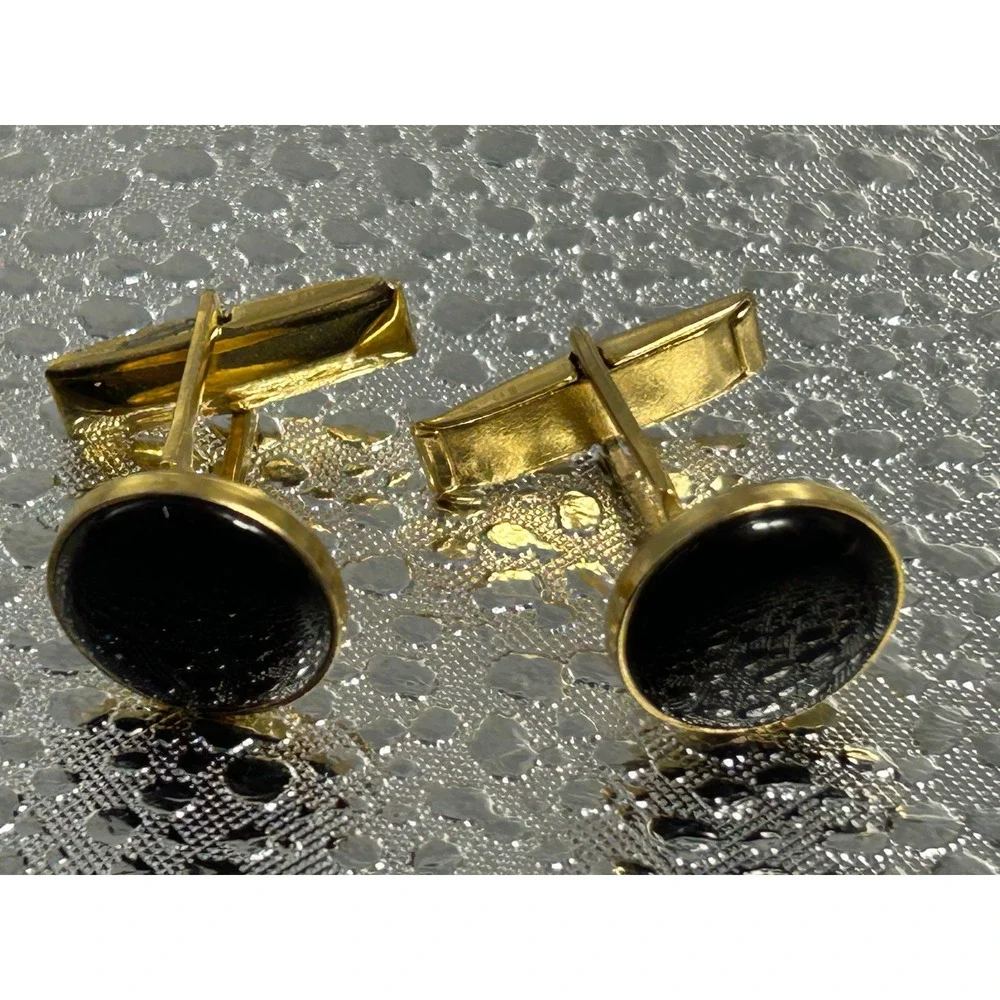 Vintage‎ Gold Tone Round Black Inlay Cufflinks Formal Business Wedding Accessory